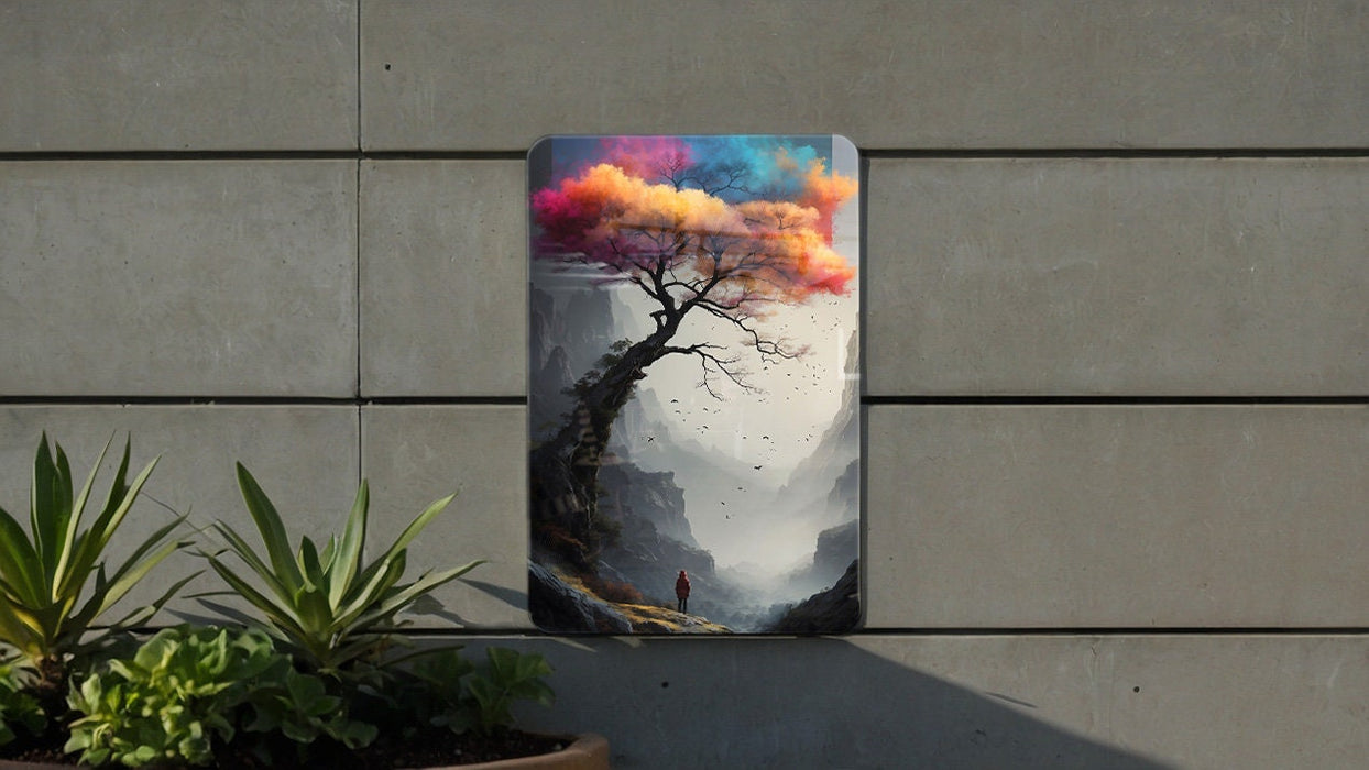 Colorful Tree Dark Mountainscape Metal Sign - Vibrant Nature, Scenic Art, Wilderness Decor, Mountain View, Forest Theme