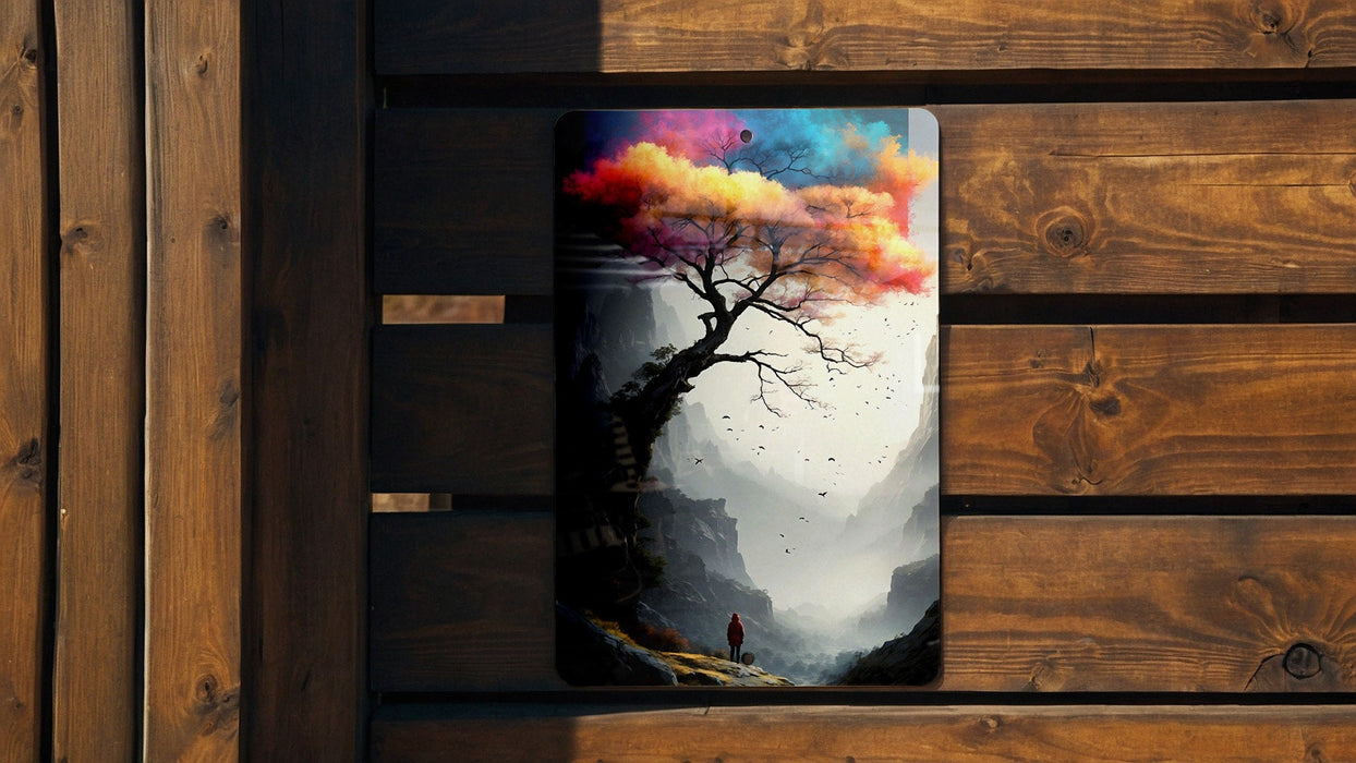 Colorful Tree Dark Mountainscape Metal Sign - Vibrant Nature, Scenic Art, Wilderness Decor, Mountain View, Forest Theme