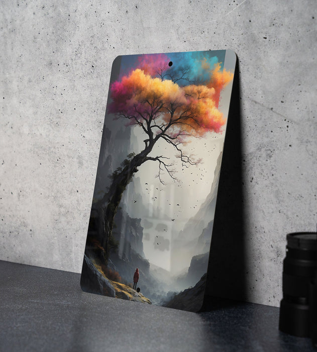 Colorful Tree Dark Mountainscape Metal Sign - Vibrant Nature, Scenic Art, Wilderness Decor, Mountain View, Forest Theme