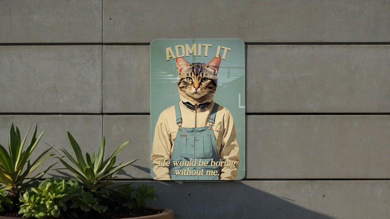 a poster of a cat wearing a shirt and suspenders