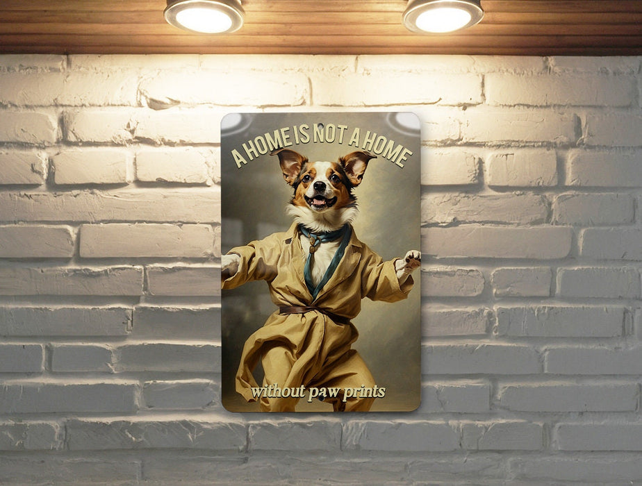 a picture of a dog in a suit on a brick wall