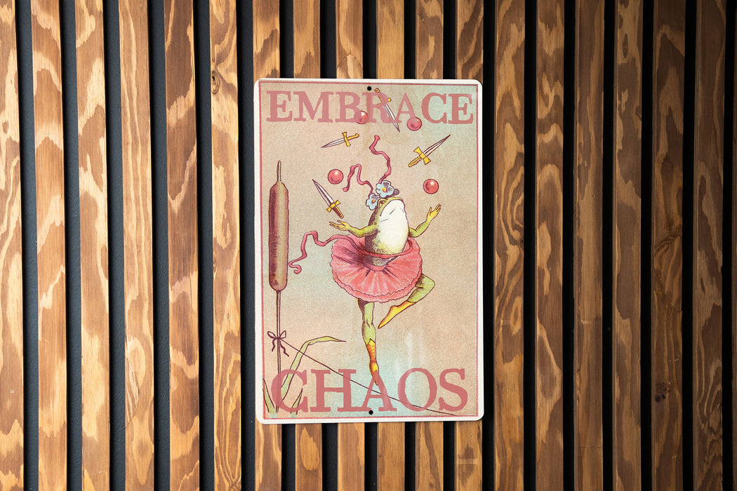 Embrace Chaos - Metal Sign - Funny Frog Art, Wall Art, Vintage Style Wall Art, Cute Frog, Funny Gift