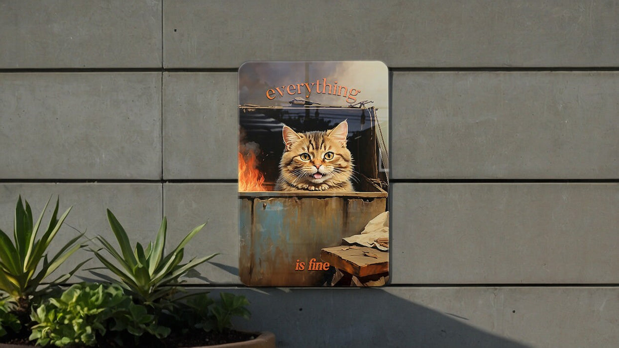 Everything Is Fine Dumpster Fire Art Metal Sign, Humorous Wall Art, Quirky Decor, Modern Chaos Humor, Funny Home Sign
