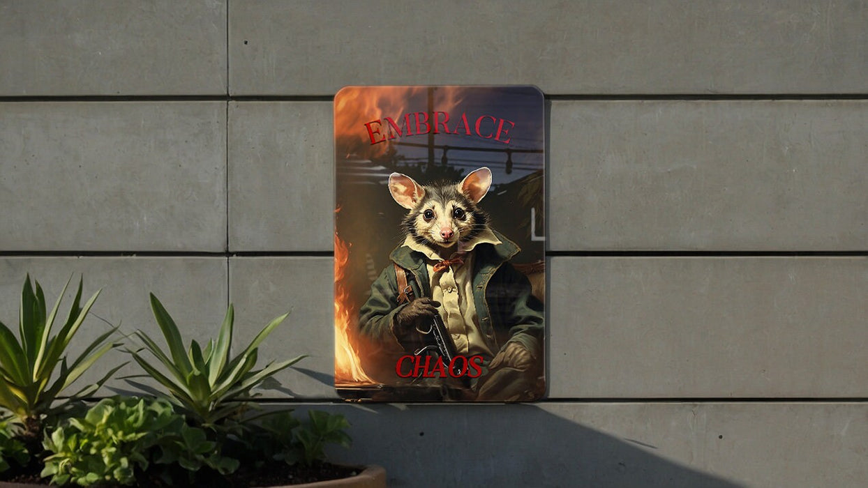 Embrace Chaos Opossum Metal Sign, Funny Opossum Decor, Chaos Humor, Quirky Animal Art, Eccentric Home Decor