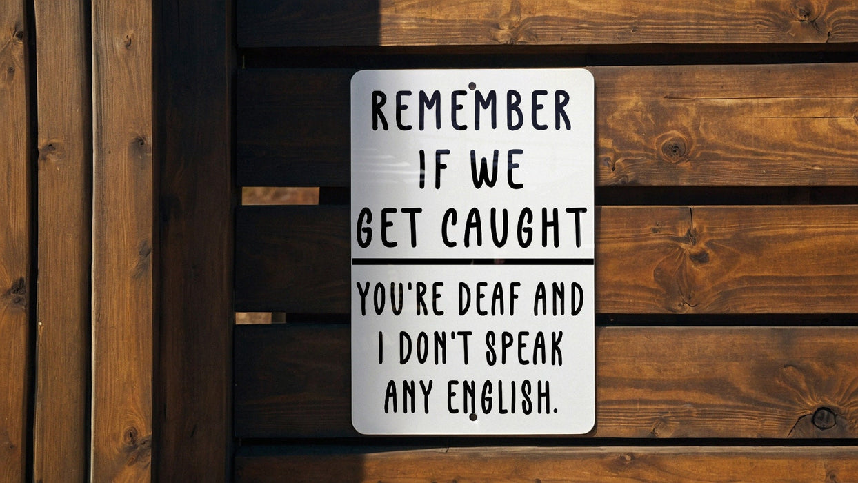 Remember If We Get Caught Metal Sign - You're Deaf and I Don't Speak English, Partner In Crime Humor, Funny Wall Art, Quirky Home Decor