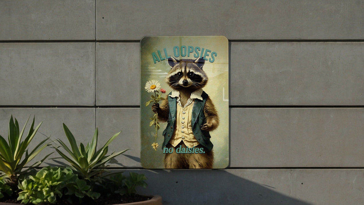 All Oopsies No Daisies Metal Sign - Cute Raccoon Decor, Animal Wall Art, Home Decoration, Quirky Gift, Funny Sign