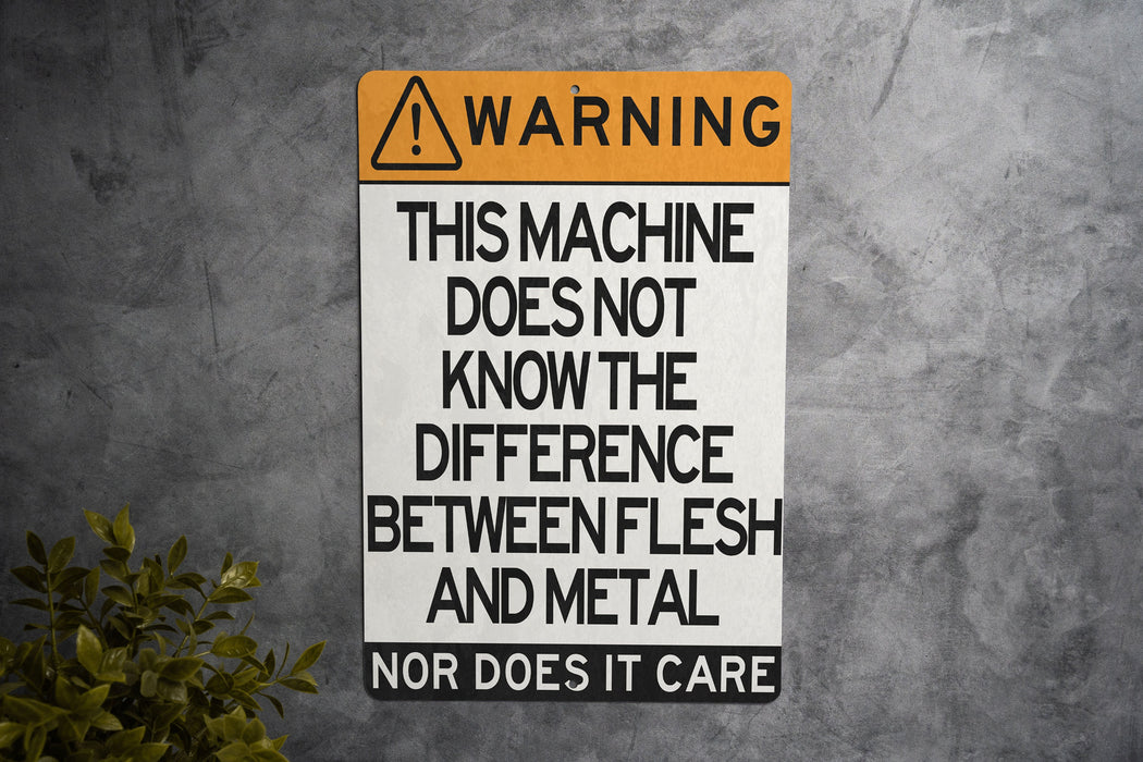 Warning Metal Sign, This Machine Doesn't Differentiate Between Flesh and Metal