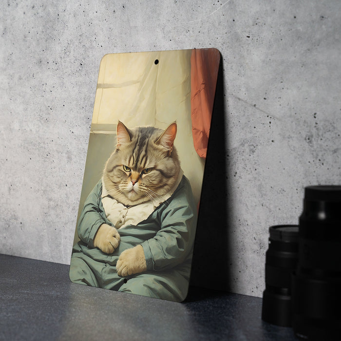 Vintage Retro Sad Fat Cat Metal Sign - Chonker Art, Nostalgic Decor, Whimsical Pet, Quirky Animal, Home Wall Accent