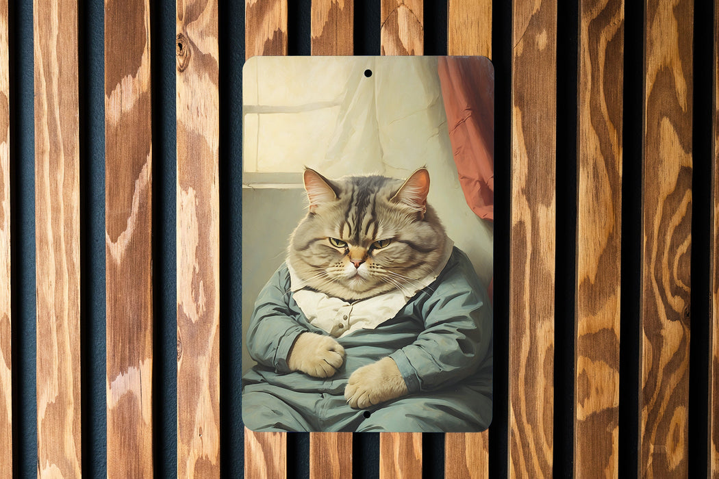 Vintage Retro Sad Fat Cat Metal Sign - Chonker Art, Nostalgic Decor, Whimsical Pet, Quirky Animal, Home Wall Accent