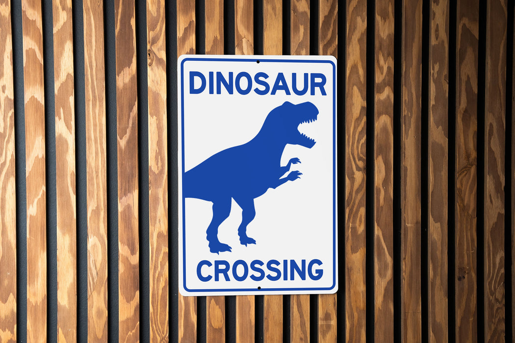 Dinosaur Crossing Metal Sign, Prehistoric Decor, Kids Room Accessory, Unique Garden Sign, Wall Art