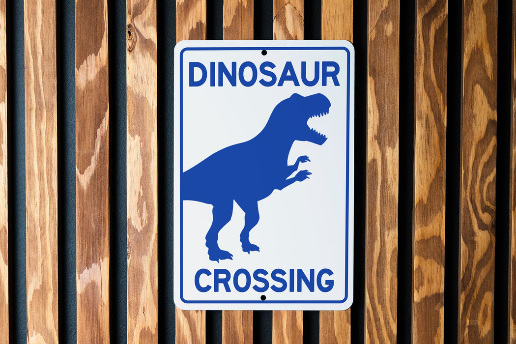Dinosaur Crossing Metal Sign, Prehistoric Decor, Kids Room Accessory, Unique Garden Sign, Wall Art