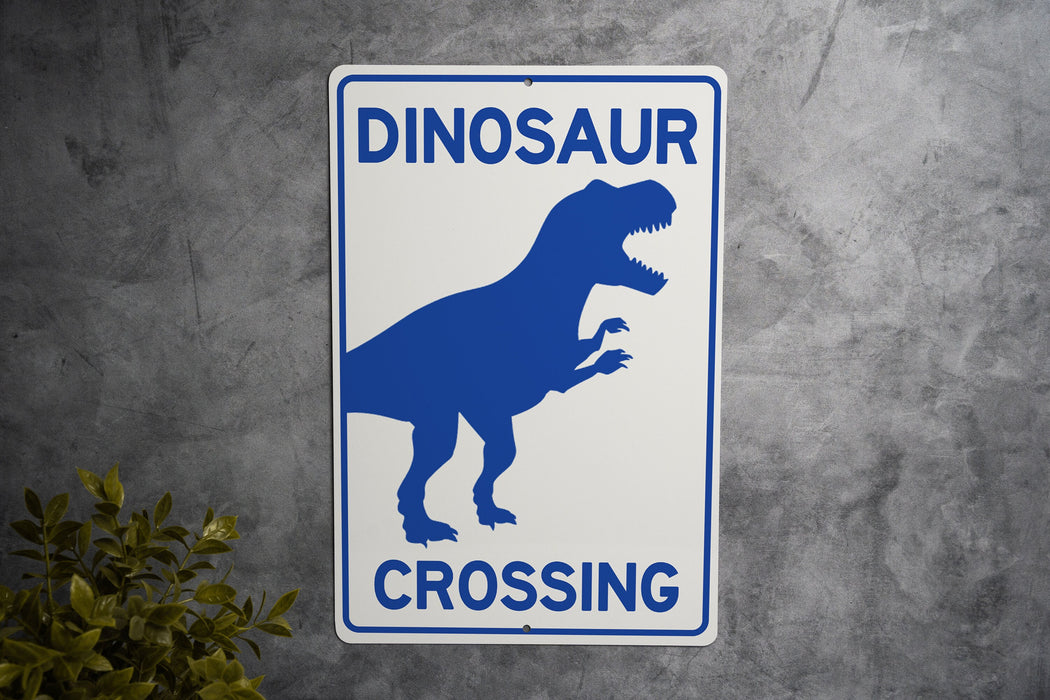 Dinosaur Crossing Metal Sign, Prehistoric Decor, Kids Room Accessory, Unique Garden Sign, Wall Art