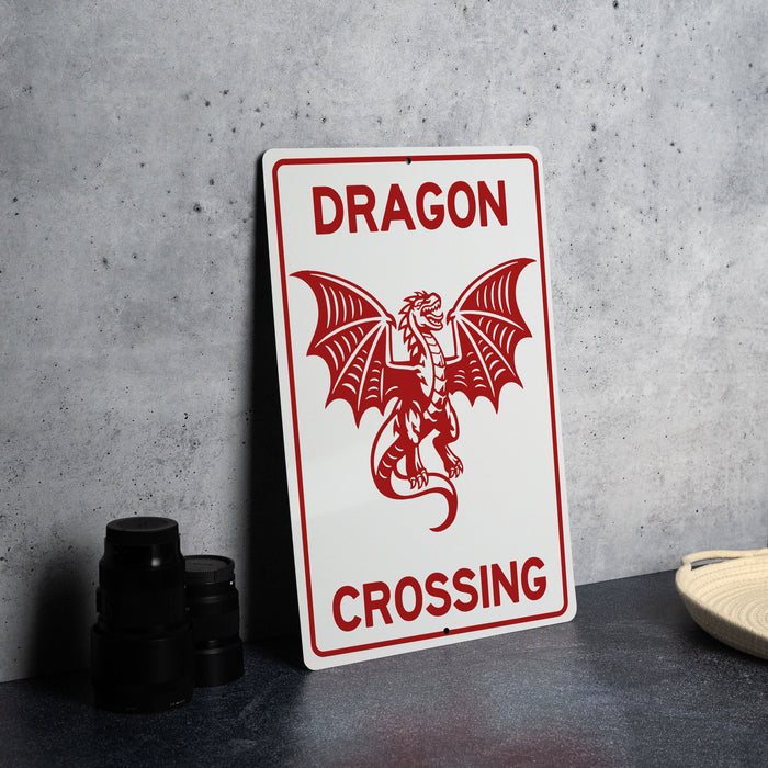 Dragon Crossing Metal Sign, Fantasy Decor, Mythical Creature Sign, Unique Gift, Magical Home Decor