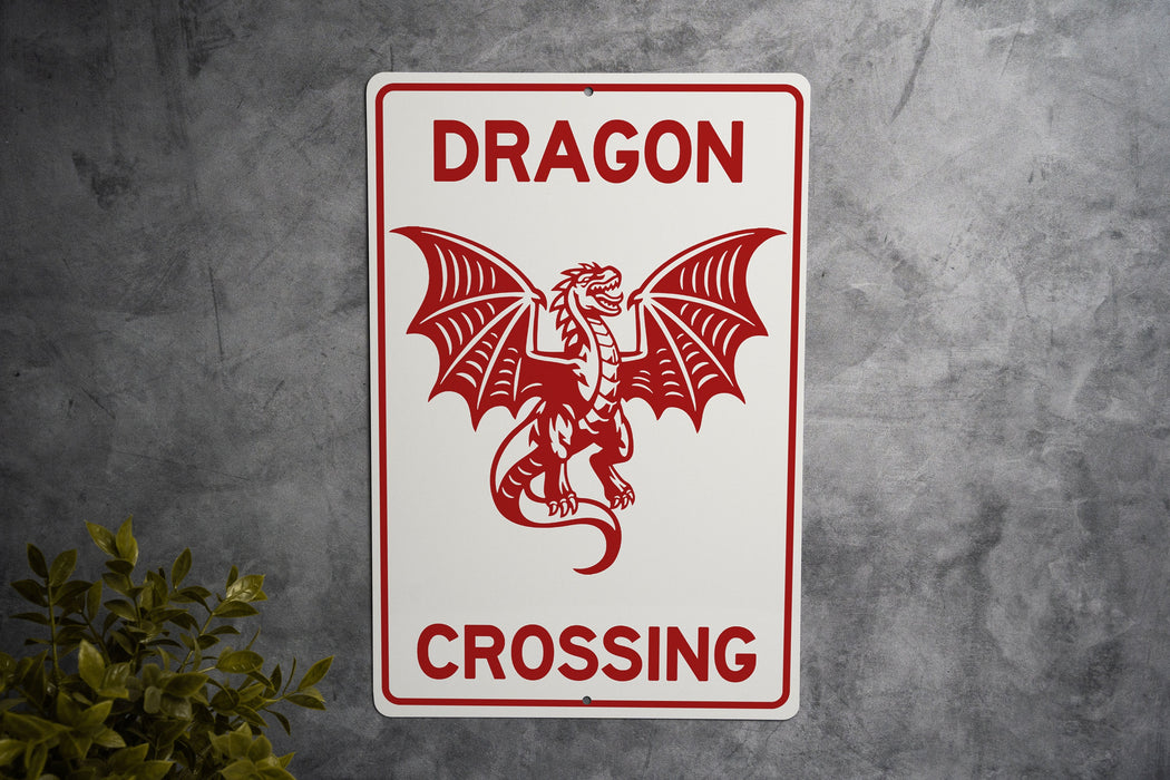 Dragon Crossing Metal Sign, Fantasy Decor, Mythical Creature Sign, Unique Gift, Magical Home Decor
