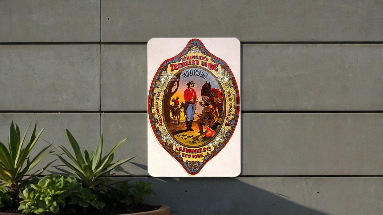 Biningers Bourbon Vintage Metal Poster - Travelers Guide Sign, Classic Bar Decor