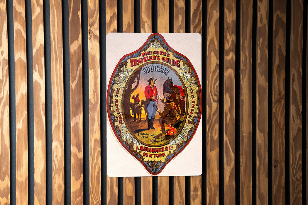 Biningers Bourbon Vintage Metal Poster - Travelers Guide Sign, Classic Bar Decor
