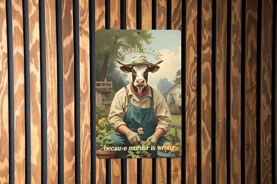 Gardening.. Because Murder Is Wrong with Funny Cow Art Metal Sign, Garden Humor, Cow Lover Decor, Quirky Garden Sign