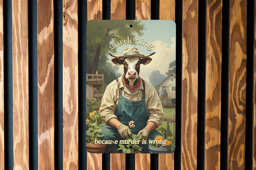 Gardening.. Because Murder Is Wrong with Funny Cow Art Metal Sign, Garden Humor, Cow Lover Decor, Quirky Garden Sign