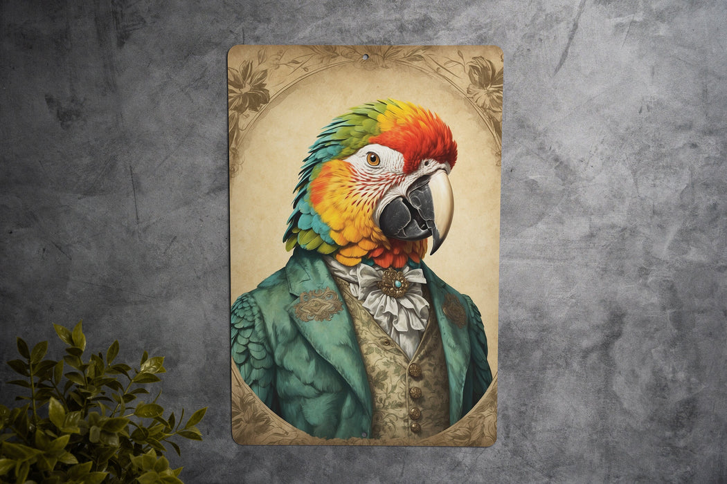 Victorian Portrait of a Parrot Metal Sign, Exotic Bird Art, Vintage Decor, Bird Lover Gift, Tropical Wall Art, Colorful Home Accessory