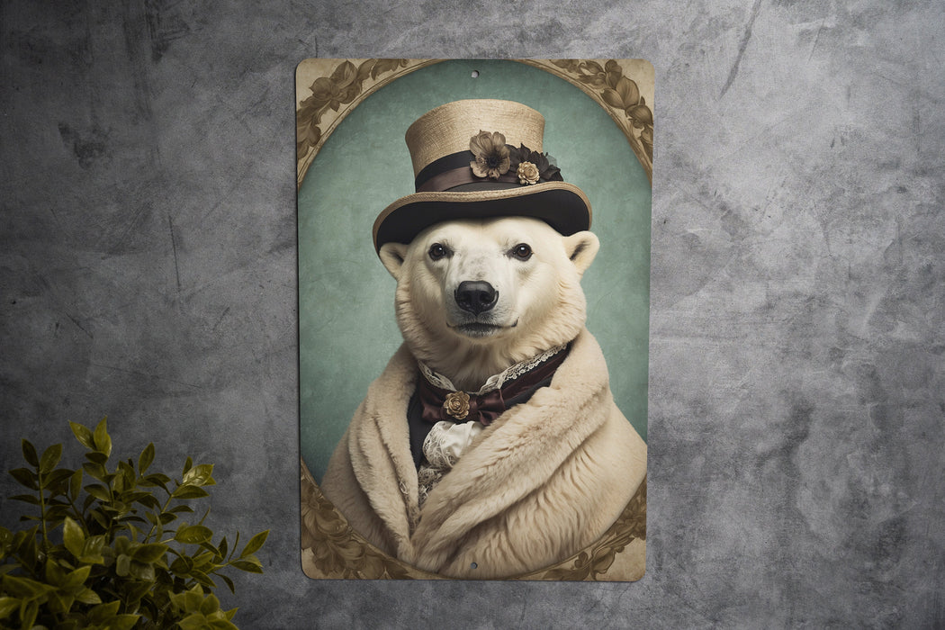 Victorian Portrait of a Polar Bear Metal Sign, Arctic Animal Art, Vintage Home Decor, Polar Bear Lover Gift, Elegant Wall Art