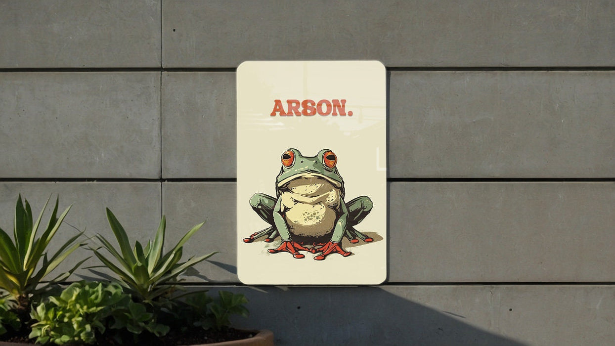 Arson Frog Metal Poster - Frog Humor, Unique Art, Quirky Decor, Nature Inspired, Wall Art