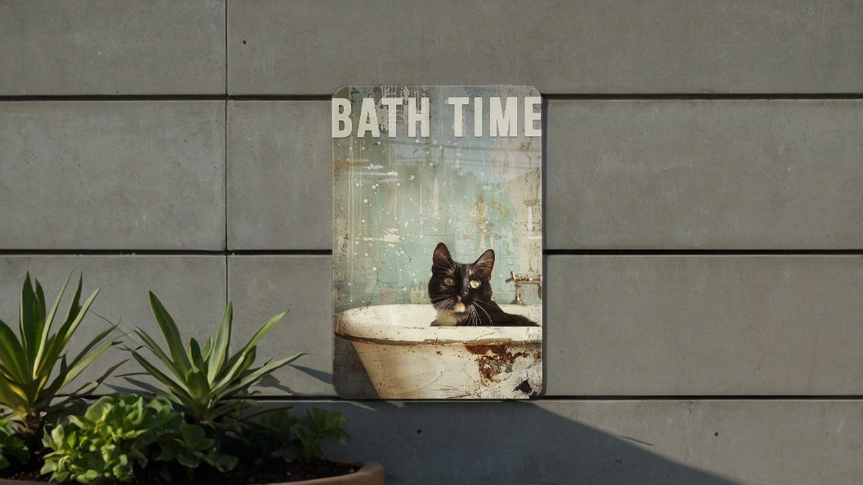 Bath Time Cat Metal Poster - Cat Art, Relaxing Bath, Home Decor, Cute Animal, Bathroom Sign