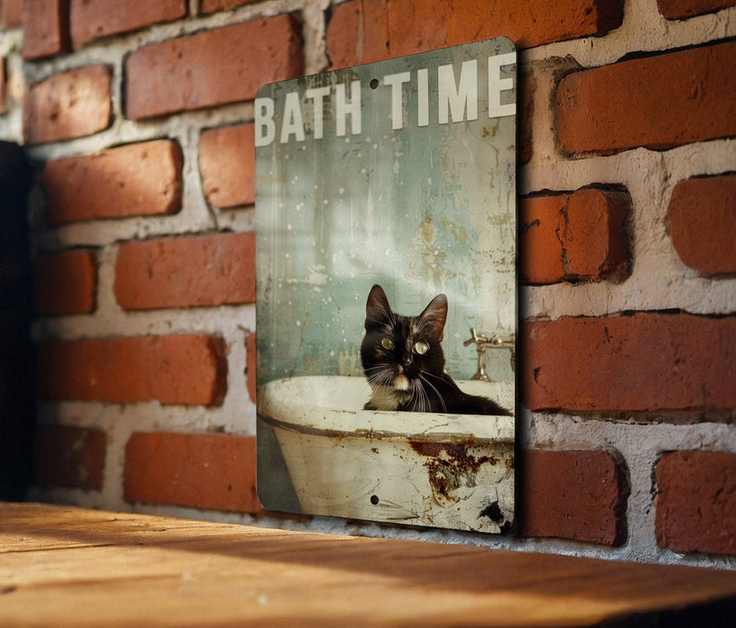 Bath Time Cat Metal Poster - Cat Art, Relaxing Bath, Home Decor, Cute Animal, Bathroom Sign