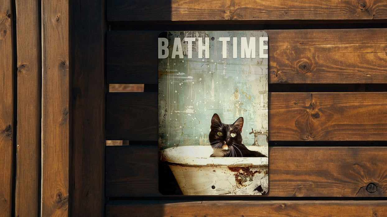 Bath Time Cat Metal Poster - Cat Art, Relaxing Bath, Home Decor, Cute Animal, Bathroom Sign