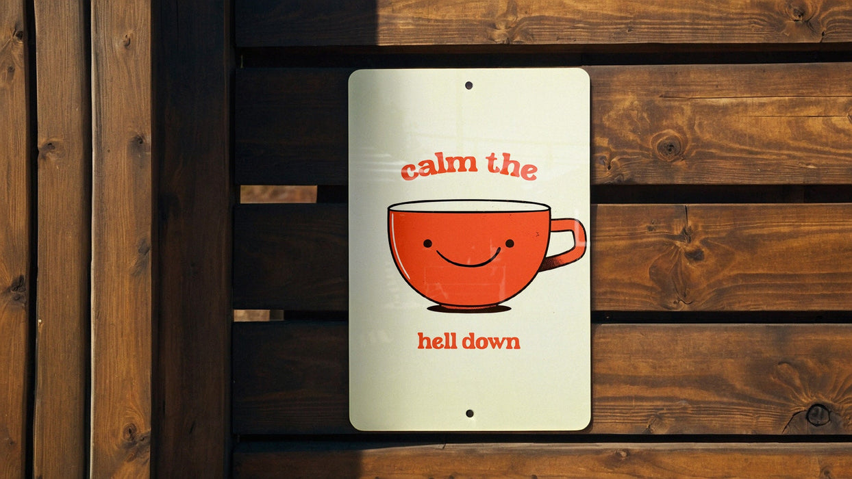 Calm the Hell Down Metal Poster - Boho Style, Coffee Art, Relaxing Quote, Kitchen Decor, Zen Vibe