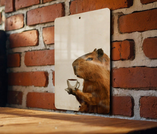 Capybara Coffee Art Metal Poster - Animal Humor, Coffee Lover, Unique Decor, Nature Inspired, Wall Art
