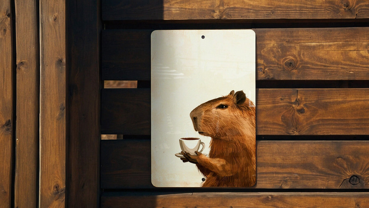 Capybara Coffee Art Metal Poster - Animal Humor, Coffee Lover, Unique Decor, Nature Inspired, Wall Art