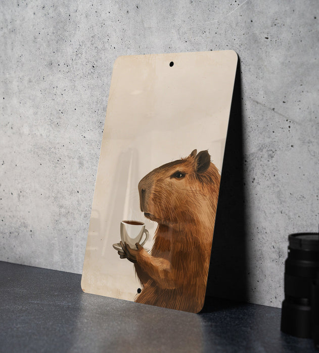 Capybara Coffee Art Metal Poster - Animal Humor, Coffee Lover, Unique Decor, Nature Inspired, Wall Art