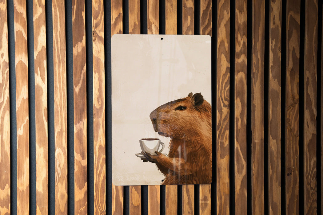 Capybara Coffee Art Metal Poster - Animal Humor, Coffee Lover, Unique Decor, Nature Inspired, Wall Art
