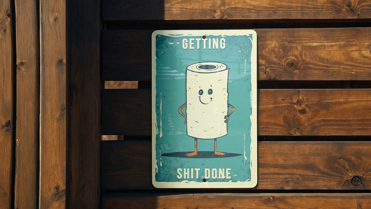 Getting Shit Done Metal Poster - Toilet Humor, Productivity Art, Funny Quote, Bathroom Decor, Motivational Humor