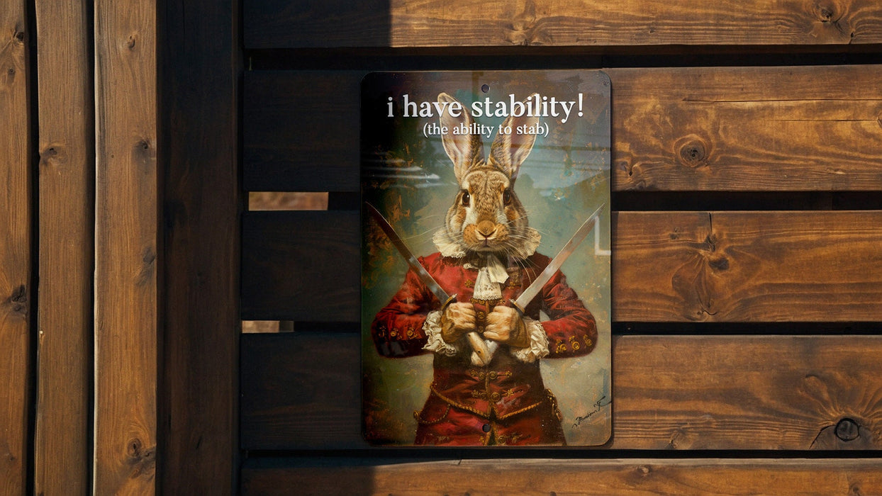 Stability to Stab Metal Poster - Word Play, Dark Humor, Witty Quote, Edgy Art, Unique Illustration