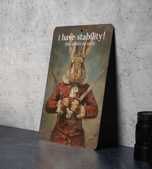 Stability to Stab Metal Poster - Word Play, Dark Humor, Witty Quote, Edgy Art, Unique Illustration