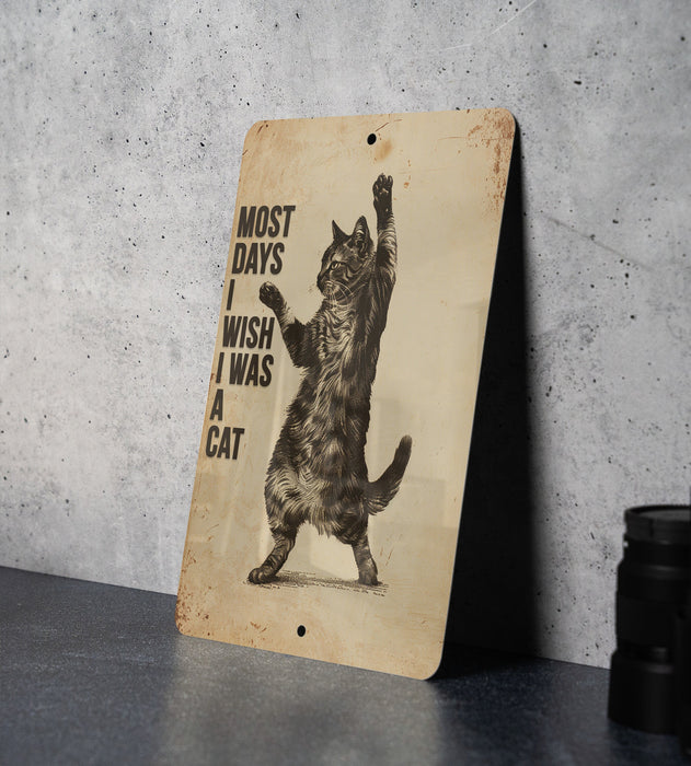 Wish I Was a Cat Metal Poster - Cat Envy, Feline Wish, Lazy Days, Peaceful Life, Animal Dream