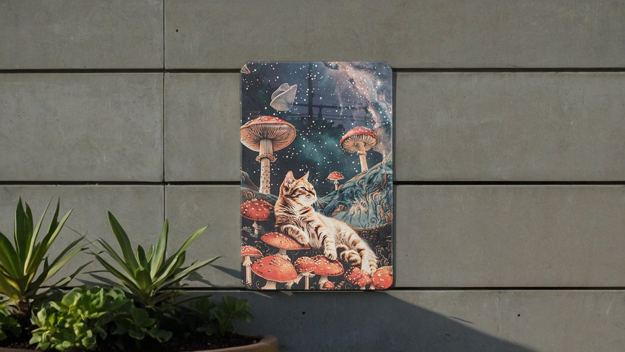Space Cat Mushrooms Art Metal Poster - Psychedelic Kitty, Cosmic Exploration, Trippy Decor, Fantasy Art, Unique Wall