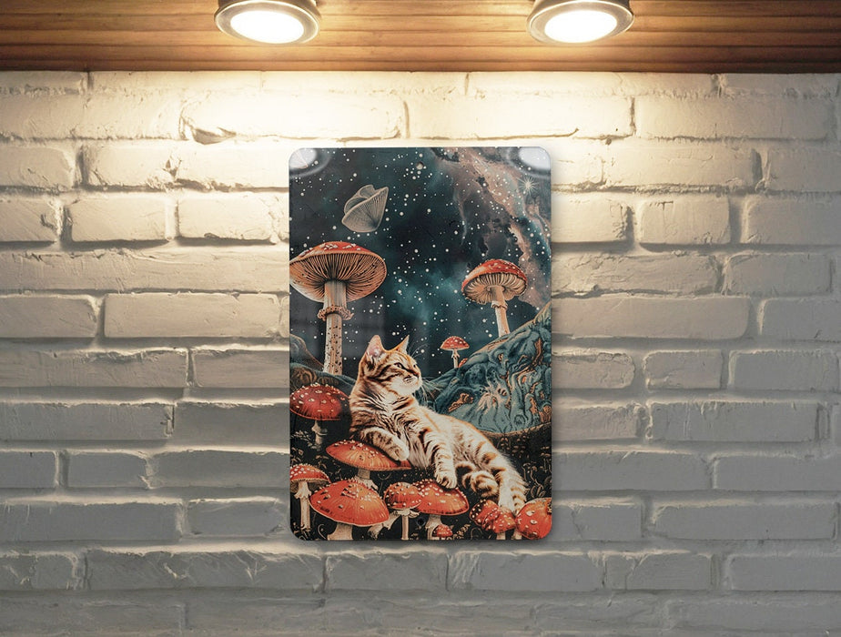 Space Cat Mushrooms Art Metal Poster - Psychedelic Kitty, Cosmic Exploration, Trippy Decor, Fantasy Art, Unique Wall