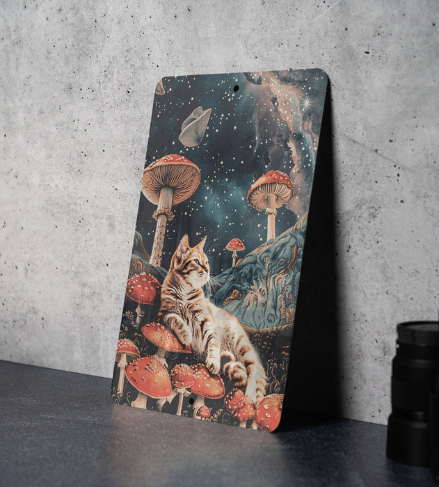 Space Cat Mushrooms Art Metal Poster - Psychedelic Kitty, Cosmic Exploration, Trippy Decor, Fantasy Art, Unique Wall