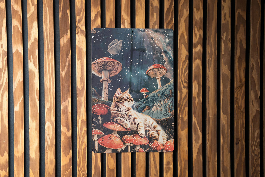 Space Cat Mushrooms Art Metal Poster - Psychedelic Kitty, Cosmic Exploration, Trippy Decor, Fantasy Art, Unique Wall