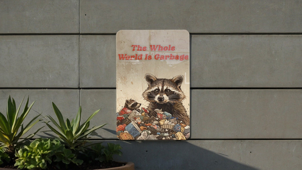 World Is Garbage Metal Poster - Cynical View, Satirical Art, Dark Humor, Realist Quote, Edgy Decor