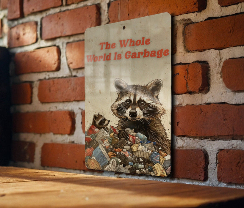 World Is Garbage Metal Poster - Cynical View, Satirical Art, Dark Humor, Realist Quote, Edgy Decor