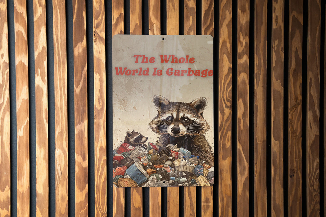 World Is Garbage Metal Poster - Cynical View, Satirical Art, Dark Humor, Realist Quote, Edgy Decor