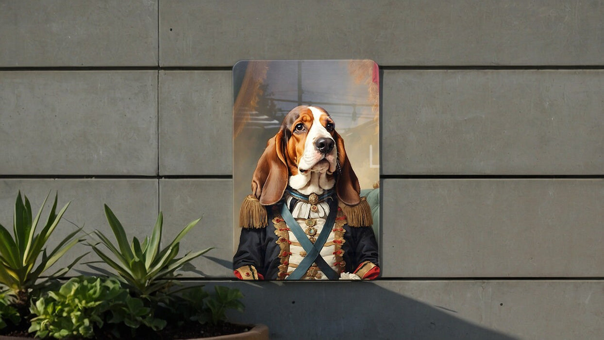 Victorian Warrior Basset Hound Metal Sign - Regal Hound, Noble Sentry, Period Guard, Aristocratic Basset, Historical Dog Decor