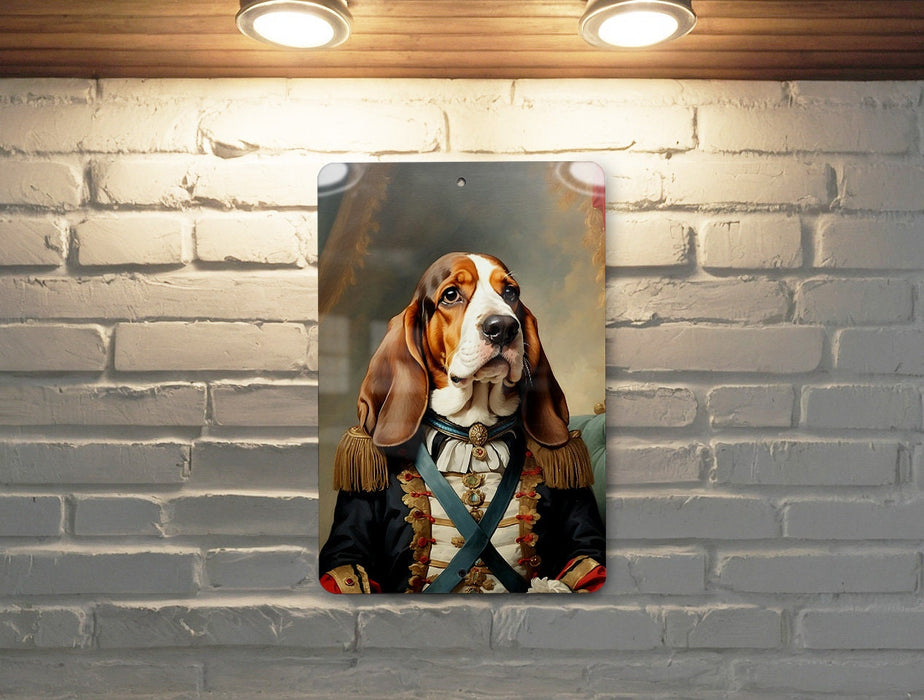 Victorian Warrior Basset Hound Metal Sign - Regal Hound, Noble Sentry, Period Guard, Aristocratic Basset, Historical Dog Decor