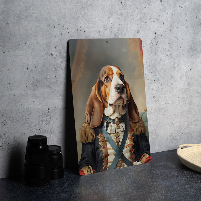 Victorian Warrior Basset Hound Metal Sign - Regal Hound, Noble Sentry, Period Guard, Aristocratic Basset, Historical Dog Decor
