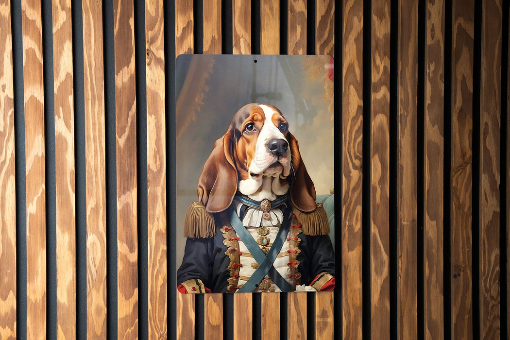 Victorian Warrior Basset Hound Metal Sign - Regal Hound, Noble Sentry, Period Guard, Aristocratic Basset, Historical Dog Decor