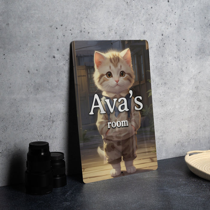 Adorable Cat Bedroom Sign - Metal Poster for Pet Lovers, Customizable Kids Room Wall Art