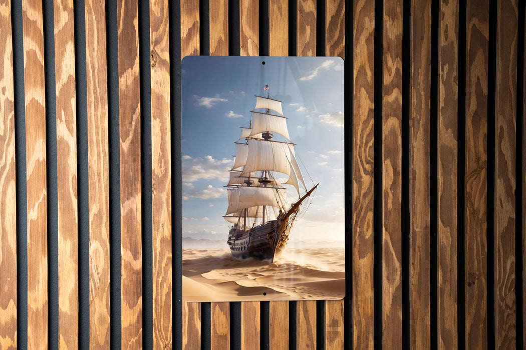 Sailboat on Sand Painting Metal Sign - Emerald Sea, Desert Voyage, Nautical Fantasy, Sand Sailing, Dreamy Seascape